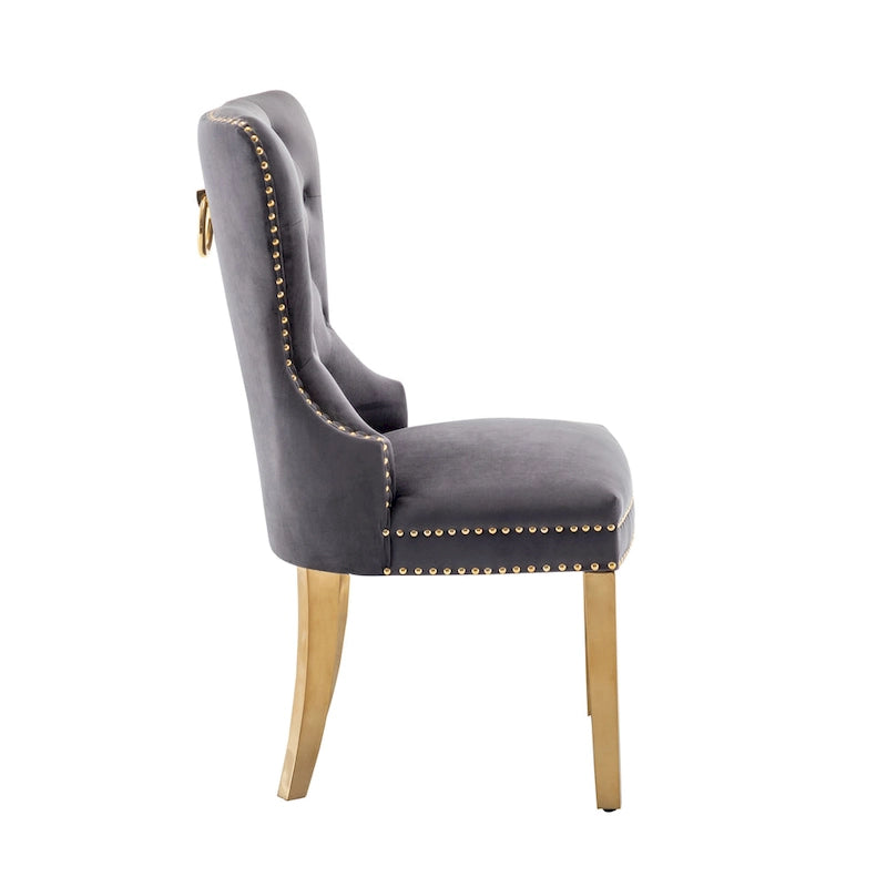 Chaises de salle à manger en velours capitonné avec pieds en chrome doré, ensemble de deux.