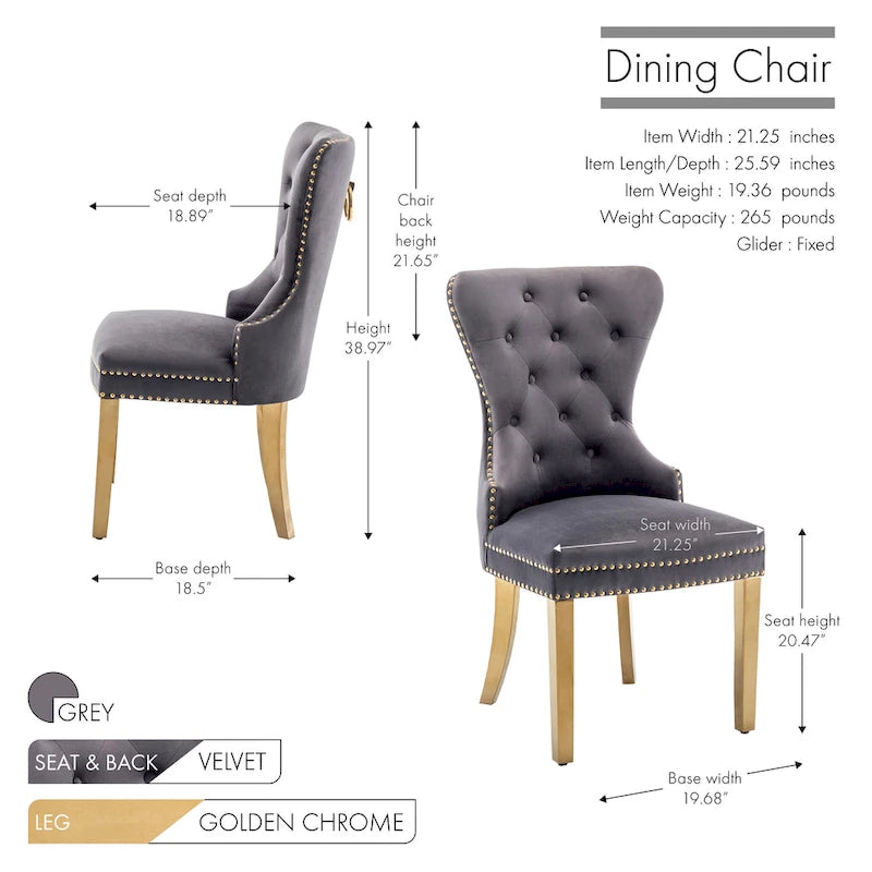 Chaises de salle à manger en velours capitonné avec pieds en chrome doré, ensemble de deux.