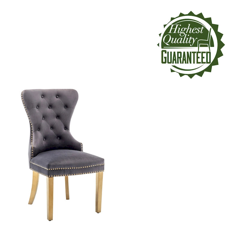 Chaises de salle à manger en velours capitonné avec pieds en chrome doré, ensemble de deux.
