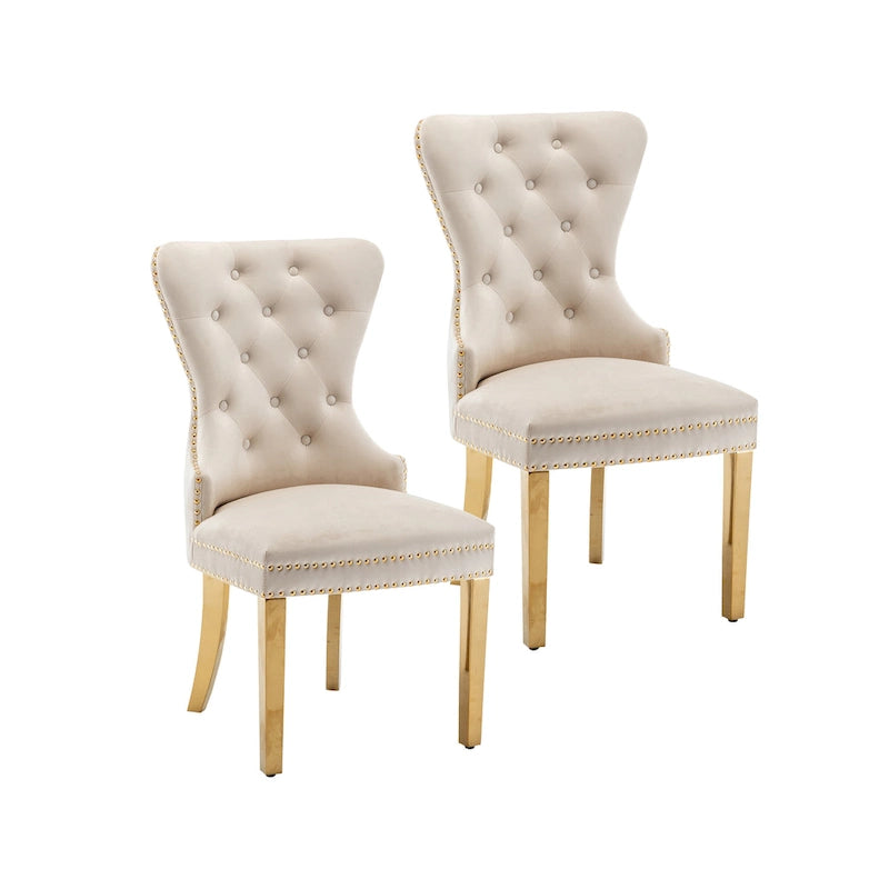 Chaises de salle à manger en velours capitonné avec pieds en chrome doré, ensemble de deux.
