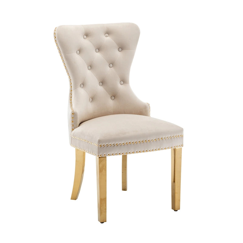Chaises de salle à manger en velours capitonné avec pieds en chrome doré, ensemble de deux.