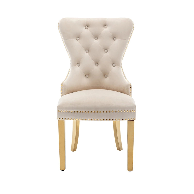Chaises de salle à manger en velours capitonné avec pieds en chrome doré, ensemble de deux.