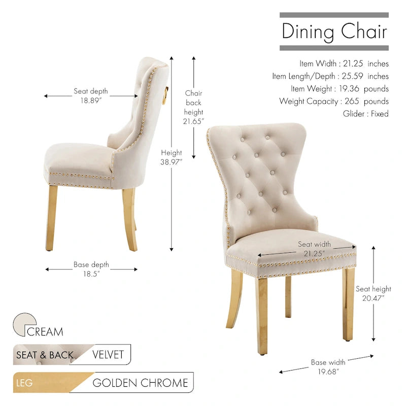 Chaises de salle à manger en velours capitonné avec pieds en chrome doré, ensemble de deux.