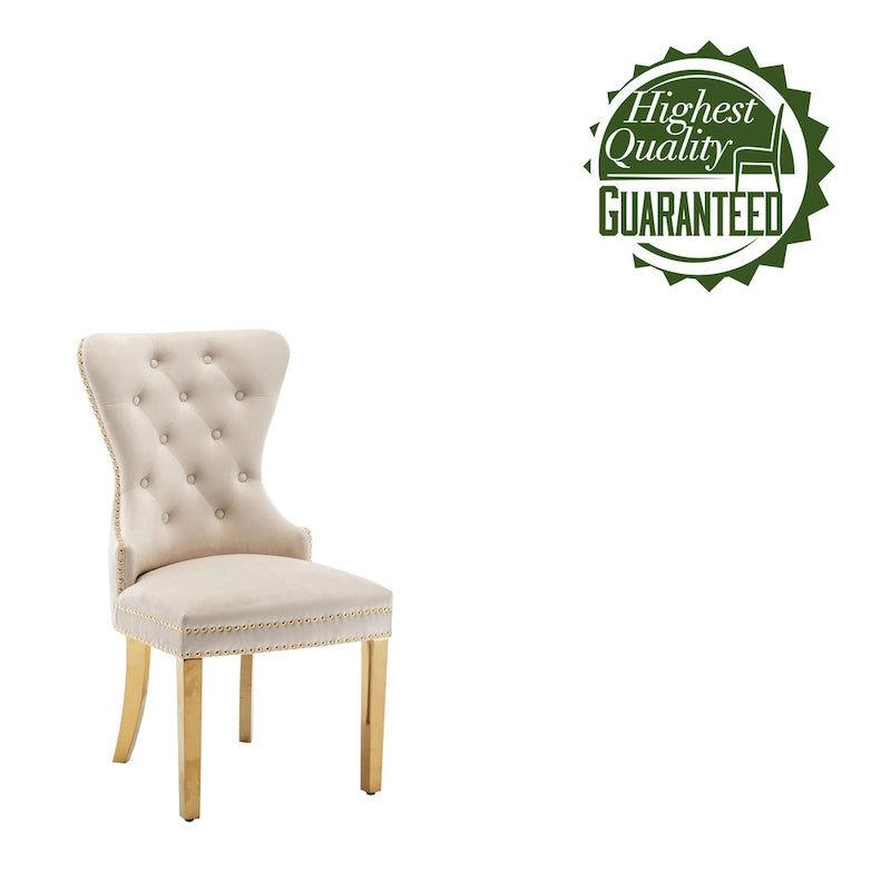 Chaises de salle à manger en velours capitonné avec pieds en chrome doré, ensemble de deux.