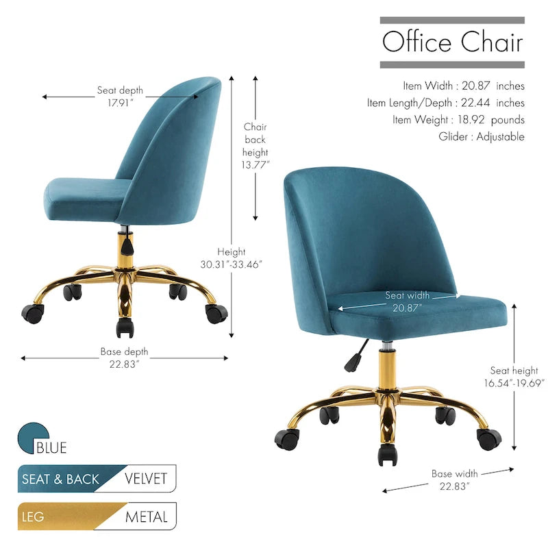 Fauteuils de bureau en velours sans accoudoirs