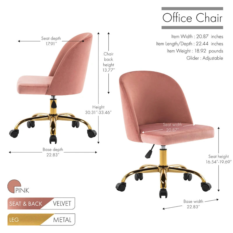 Fauteuils de bureau en velours sans accoudoirs