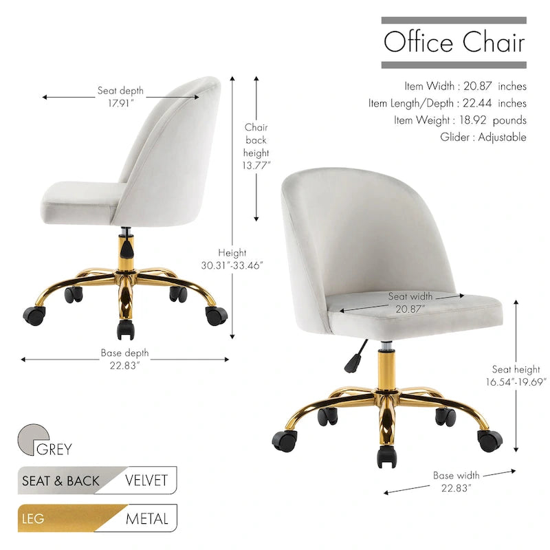 Fauteuils de bureau en velours sans accoudoirs