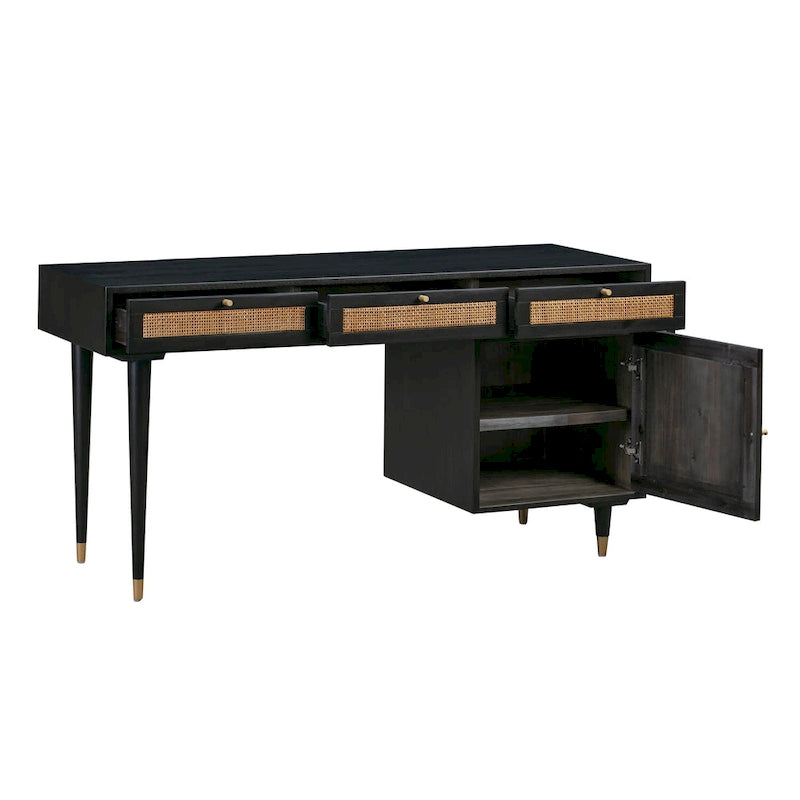 Bureau 3 tiroirs en bois et cannage