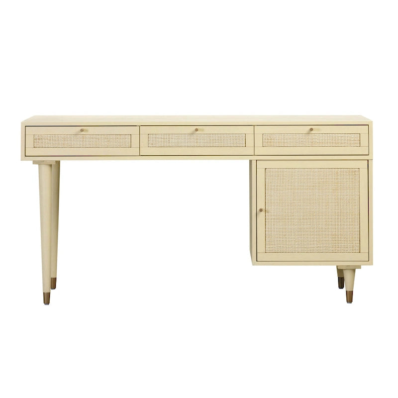 Bureau 3 tiroirs en bois et cannage