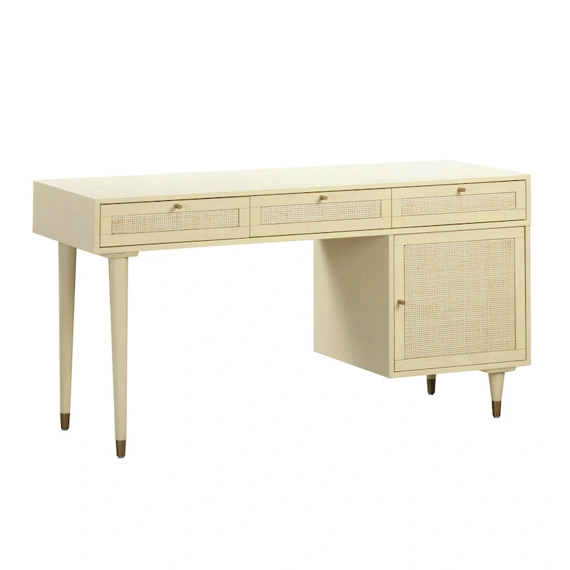 Bureau 3 tiroirs en bois et cannage