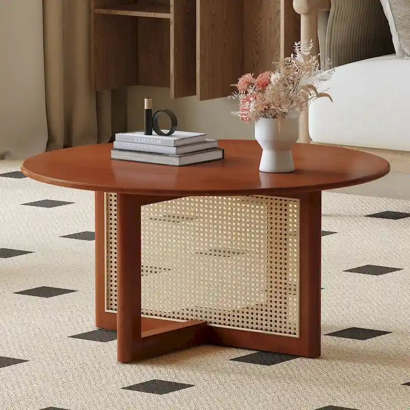 Table basse en bois avec détails en rotin synthétique