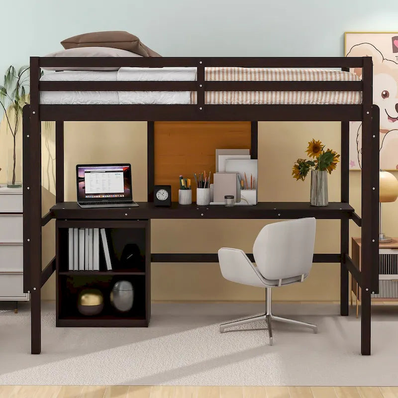 Lit mezzanine double en bois avec bureau