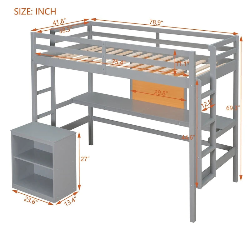 Lit mezzanine double en bois avec bureau