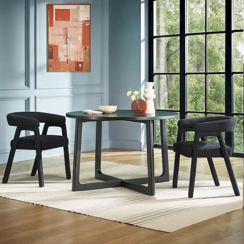 Chaise de salle à manger moderne en bois massif et tissu bouclé incurvé (lot de 2)