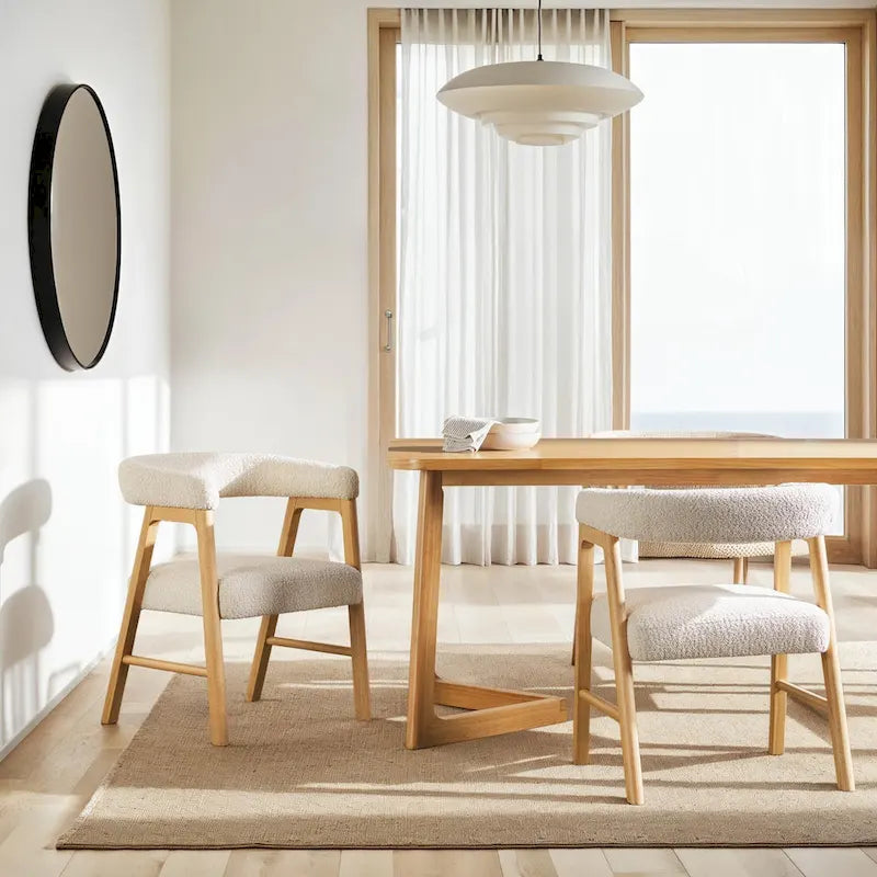 Chaise de salle à manger moderne en bois massif et tissu bouclé incurvé (lot de 2)