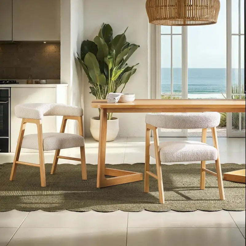 Chaise de salle à manger moderne en bois massif et tissu bouclé incurvé (lot de 2)