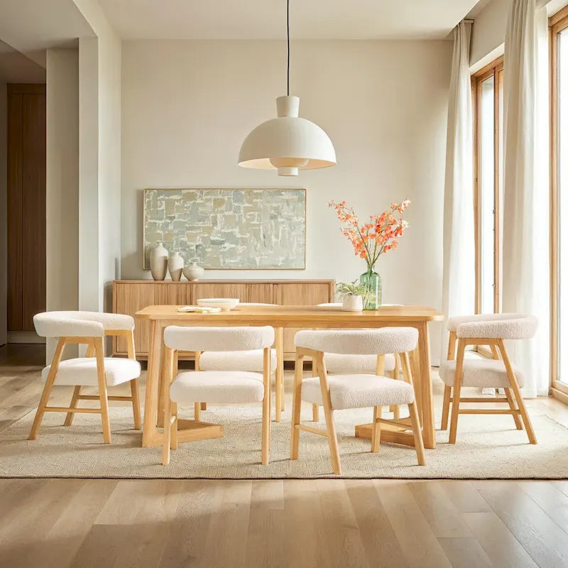 Chaise de salle à manger moderne en bois massif et tissu bouclé incurvé (lot de 2)