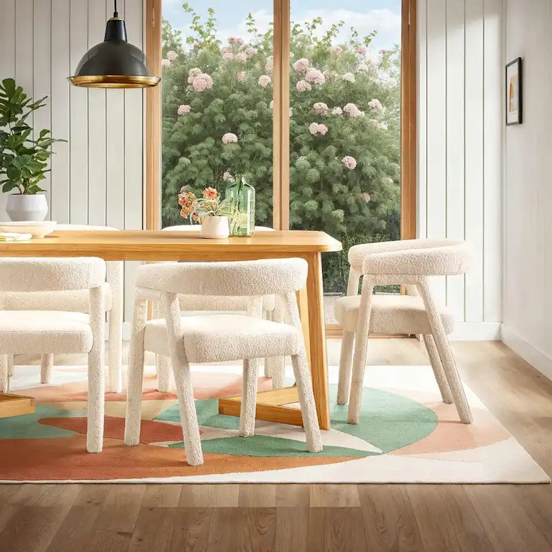 Chaise de salle à manger moderne en bois massif et tissu bouclé incurvé (lot de 2)
