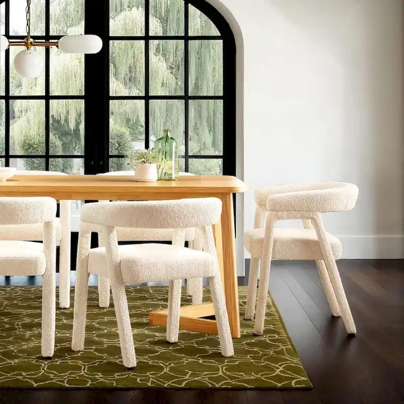 Chaise de salle à manger moderne en bois massif et tissu bouclé incurvé (lot de 2)