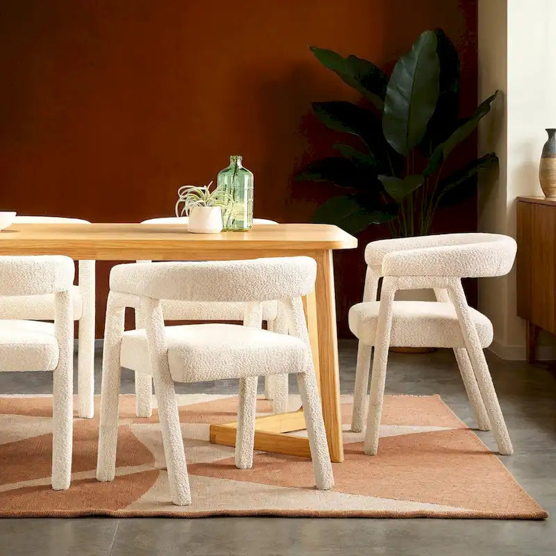 Chaise de salle à manger moderne en bois massif et tissu bouclé incurvé (lot de 2)